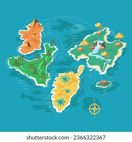 Map of islands with sea, ocean. Background for games, design. Mountains, nature, plants, waterfall. Vector illustration. 