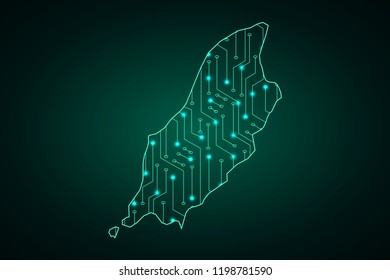 Map of Isle of Man, network line, design sphere, dot and structure on dark background with Map Isle of Man, Circuit board. Vector illustration. Eps 10