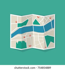 Map isolated on background. Vector illustration flat design. Folded  paper map. Colored location icon.
