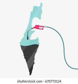 Map of Israel being fueled by oil. Gas pump fueled map. On the map there is glass reflection. Conceptual. Oil producing or importing countries.