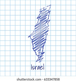 Map of Israel, blue sketch abstract background. The hand drawn map on school grid background texture. scribble pan vector illustration