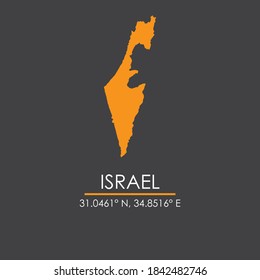 Map of Israel with coordinates isolated in dark gray background