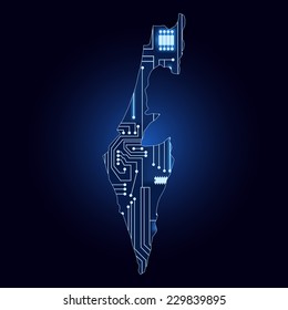 Map of Israel with electronic circuit. Contour map of Israel with a technological electronics circuit. 