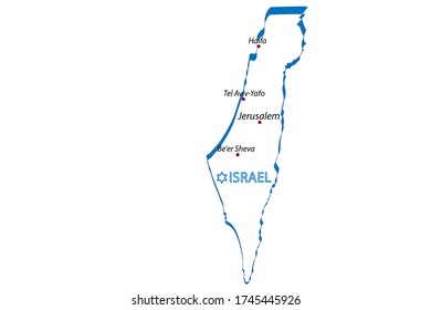 Map of Israel in the form of a ribbon with the designation of the main cities Jerusalem, Tel Aviv, Beer Sheva, Haifa. Jewish star near country name Israel. Vector on a white background
