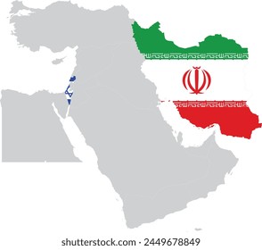 Karte von Israel und Iran mit Nationalflagge innerhalb der grauen Karte des Nahen Ostens