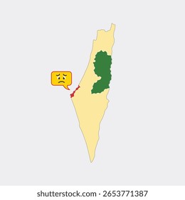 Mapa de Israel e territórios palestinos destacando a Faixa de Gaza com Emoji triste - conceito de conflito político