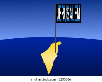 map of israel with position of Jerusalem marked by flag pole illustration