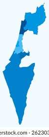 Mapa de Israel com regiões. Apenas um simples mapa de fronteira de país com divisão de região. Paleta de cores azul claro. Estado de Israel em branco forma com divisão administrativa. Ilustração vetorial.