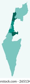 Map of Israel with regions. Just a simple country border map with region division. Teal color palette. Blank State of Israel shape with administrative division. Vector illustration.
