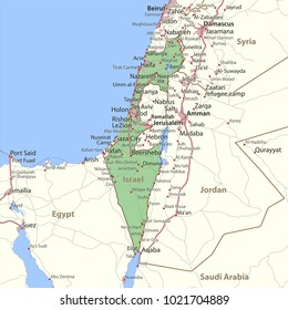 Map of Israel. Shows country borders, urban areas, place names and roads. Labels in English where possible.
Projection: Mercator.