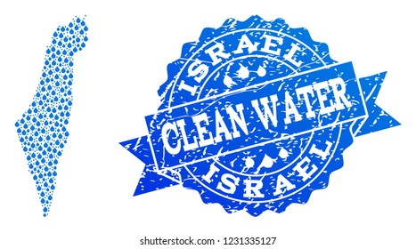 Map of Israel vector mosaic and clean water grunge stamp. Map of Israel designed with blue water raindrops. Seal with scratched rubber texture for pure drinking water.