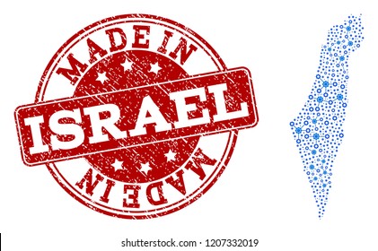 Map of Israel vector mosaic and Made In grunge stamp. Map of Israel designed with blue wheel links. Made in red seal with grunge rubber texture.