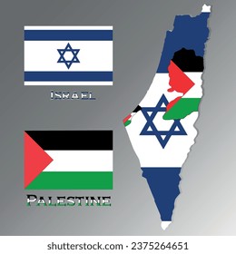 Map. Israel-Palestine conflict. Mapping the conflict in Israel and Palestine and Gaza. Israel Hamas war conflict in maps and Israeli Flag and palestinian flag 