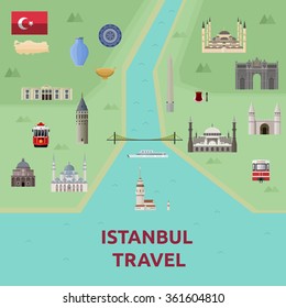 Map of Istanbul Attraction Landmark.Bosphorus bridge, Blue mosque,  Maiden Tower, Hagia Sophia, Galata Tower,  Hippodrome,  Archaeological Museum, Istiklal Caddesi, Suleymaniye Mosque, Topkapi Palace