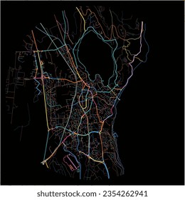 Mapa de Istres, Bouches-du-Rhône con todas las carreteras principales y menores, ferrocarriles y vías fluviales. Coloridas líneas de arte sobre fondo negro.