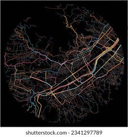 Map of Itaguei with all major and minor roads, railways and waterways. Colorful line art on black background.