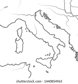 Map of The ITALIAN Lands: 
Italy, Tuscany, Lombardy, Sicily, Liguria, Umbria, Campania, Neapolitania, The Apennines, Italian Peninsula, Adriatic & Tyrrhenian Sea. Geographic chart with large islands.