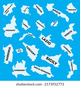 Mapa de las regiones italianas. Las regiones divididas mapean la ilustración de silueta en fondo azul.