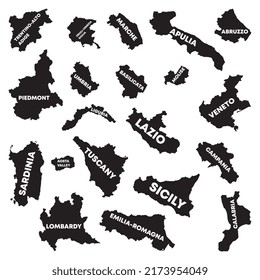 Map of Italian regions. Divided regions maps silhouette illustration on white background.