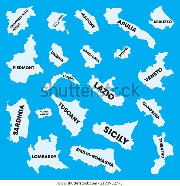 Map of Italian regions. Divided regions\
maps silhouette illustration on blue\
background.