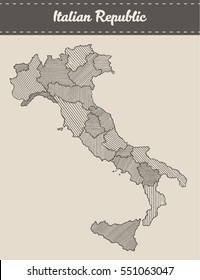 Map of the Italian Republic with separable borders, hand drawn vector illustration, sketch