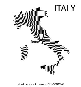 Map of Italy. Abstract black and white striped map of the country with the designation of the capital. Isolated on white background.