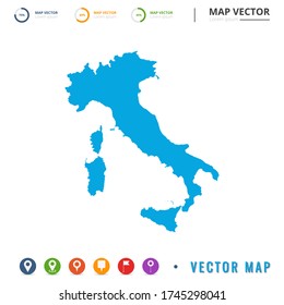 Map of Italy blue and set pin icon.