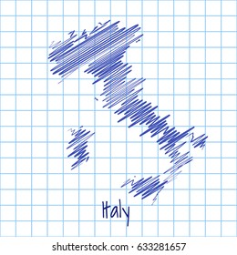 Map of Italy, blue sketch abstract background. The hand drawn map on school grid background texture. scribble pan vector illustration