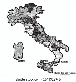 Map of Italy bright graphic illustration. Handmade drawing with map. Italy map with Italian major cities and regions. Vector illustration