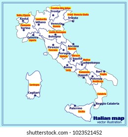 Map of Italy. Bright illustration with map. Illustration with blue background. Italy map with Italian major cities and regions. Vector illustration.