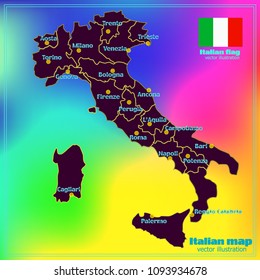 Map of Italy. Bright illustration with map. Illustration with colorful background. Italy map with Italian major cities, regions and flag. Vector illustration.