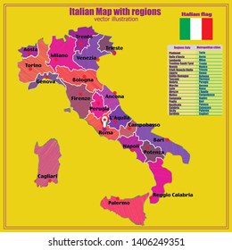 Map of Italy. Bright illustration with map. Illustration with colorful italian map. Italy map with Italian regions.