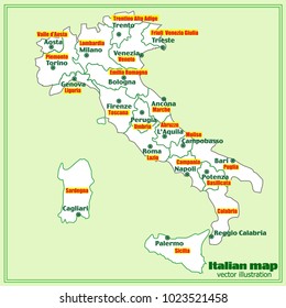 Map of Italy. Bright illustration with map. Illustration with green background. Italy map with Italian major cities and regions. Vector illustration.