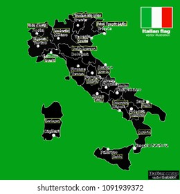 Map of Italy. Bright illustration with map. Illustration with green background. Italy map with Italian major cities, regions and flag. Graphic illustration. Illustration drawn by hand.