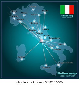 Map of Italy. Bright illustration with map. Illustration with night background. Vector illustration.