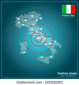 Map of Italy. Bright illustration with map. Illustration with night background. Vector illustration.