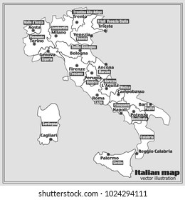 Map of Italy. Bright illustration with map. Illustration with white and black background. Italy map with Italian major cities and regions. Vector illustration.
