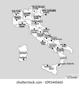 Map of Italy. Bright illustration with map. Illustration with white and black background. Italy map with Italian major cities and regions. Graphic vector illustration. Illustration drawn by hand.