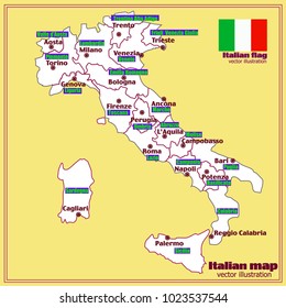 Map of Italy. Bright illustration with map. Illustration with yellow background. Italy map with Italian major cities, regions and flag. Vector illustration.