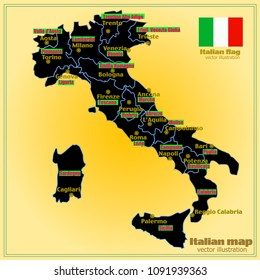 Map of Italy. Bright illustration with map. Illustration with yellow background. Italy map with Italian major cities, regions and flag. Vector illustration.