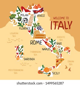 Mapa de Italia con ciudades y nombres de mar para libros y afiches infantiles. Guía turística para viajes en Italia. Impresión en papel, tela, toallas, afiches a la cocina. Caricatura plana linda Imagen vectorial