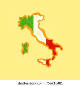 Map of Italy colored with Italian flag and marked with golden line in grunge vintage style.