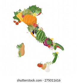 Map of Italy composed of fresh vegetables, nutrition and farming concept