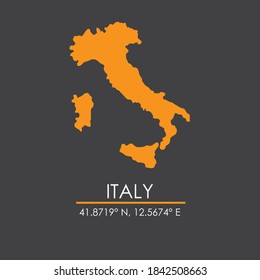 Map of Italy with coordinates isolated in dark gray background