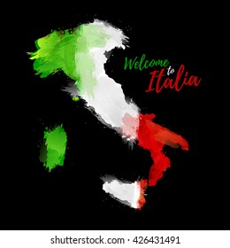 Map of Italy with the decoration of the national flag. Style watercolor drawing. Italy map with national flag on black background. Vector.