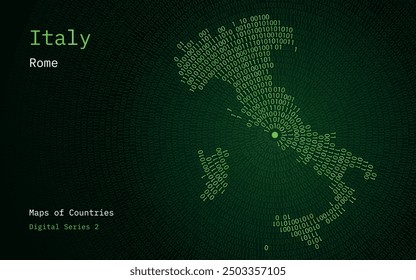A map of Italy depicted in zeros and ones in the form of a circle. The capital, Rome, is shown in the center of the circle