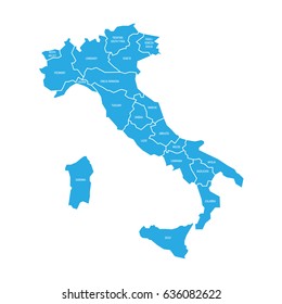 Map of Italy divided into 20 administrative regions. Blue land, white borders and white labels. Simple flat vector illustration.