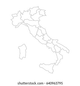 Map of Italy divided into 20 administrative regions. White land and black outline borders. Simple flat vector illustration.
