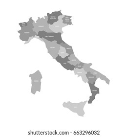 Map of Italy divided into 20 administrative regions in four shades of grey. White labels. Simple flat vector illustration.