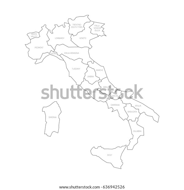 Map of Italy divided into 20 administrative\
regions. White land, black borders and black labels. Simple flat\
vector illustration.
